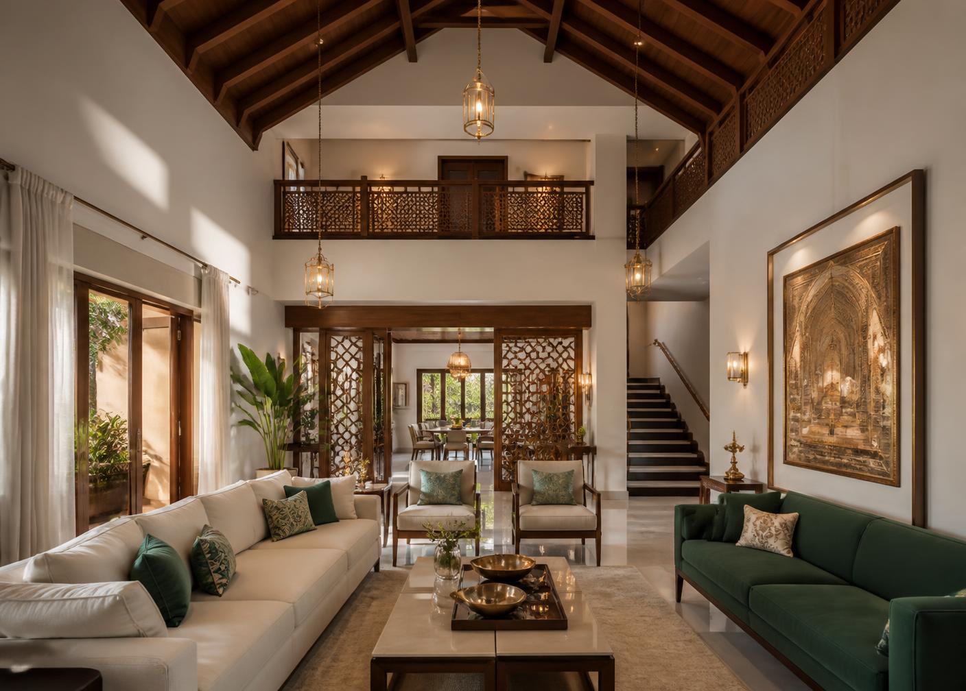 Premium interior of a traditional Kerala luxury villa with teak ceiling and brass lighting